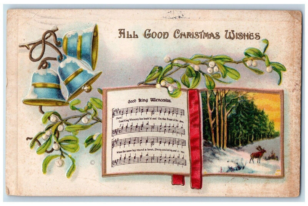 1913 Christmas Wishes Holly Bells Deer Winter Snow Embossed Antique Postcard