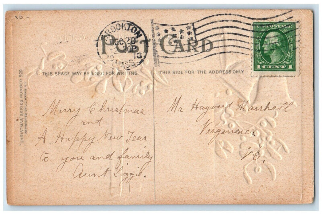 1913 Christmas Wishes Holly Bells Deer Winter Snow Embossed Antique Postcard