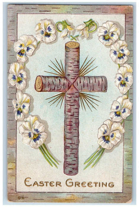 1911 Easter Greetings Cross And White Flowers Embossed Davenport NY Postcard