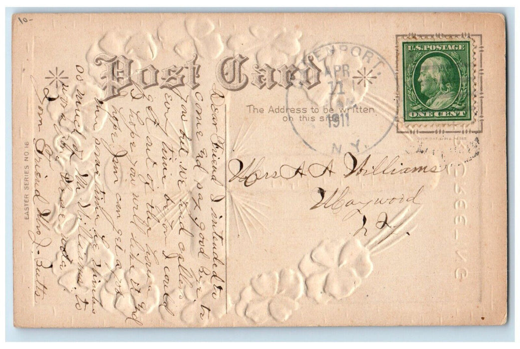 1911 Easter Greetings Cross And White Flowers Embossed Davenport NY Postcard