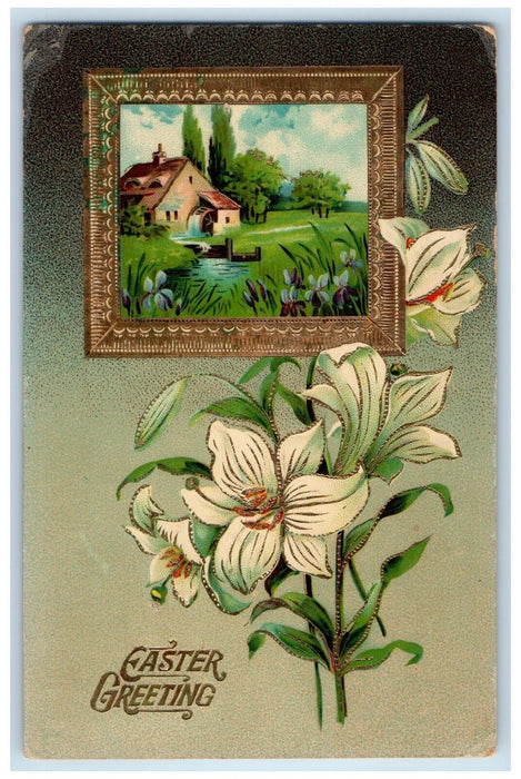 1911 Easter Greetings Lily Flowers House Waterwheel Gold Gilt Antique Postcard