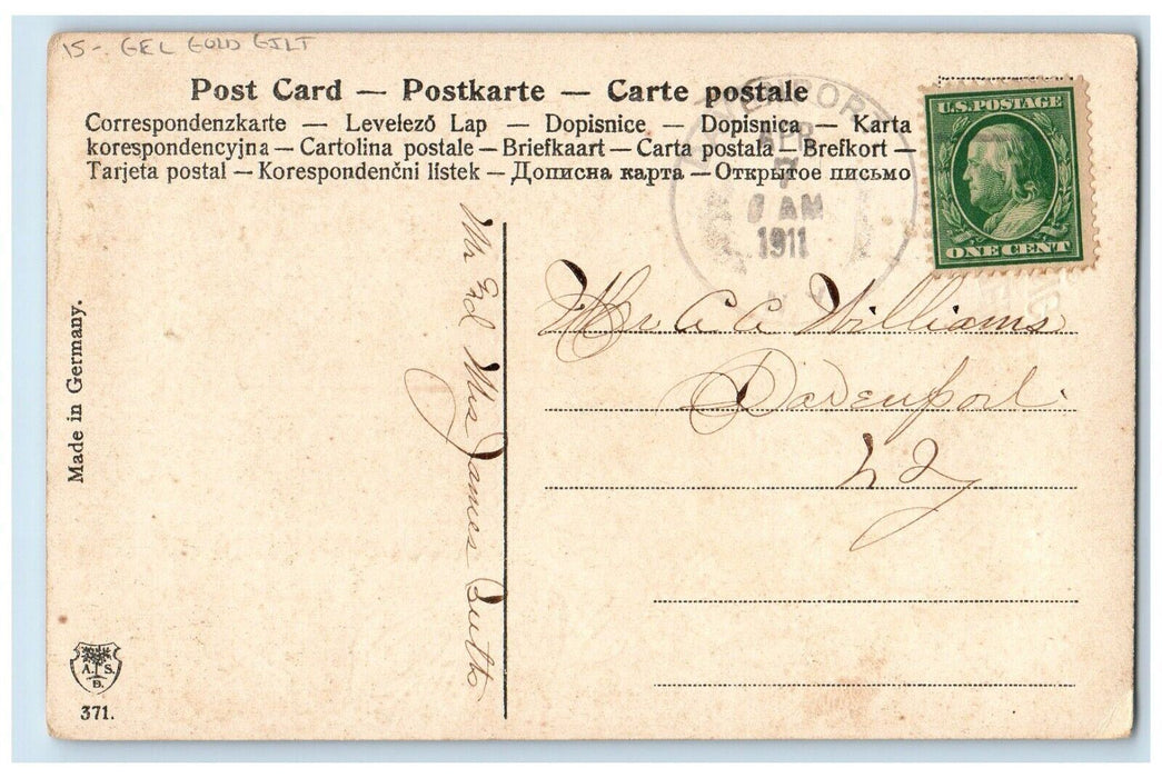 1911 Easter Greetings Lily Flowers House Waterwheel Gold Gilt Antique Postcard