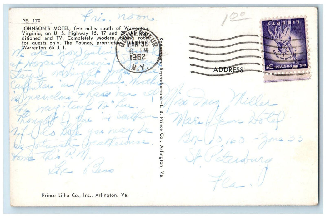 1962 Johnson's Motel Warrenton Virginia VA Posted Vintage Postcard