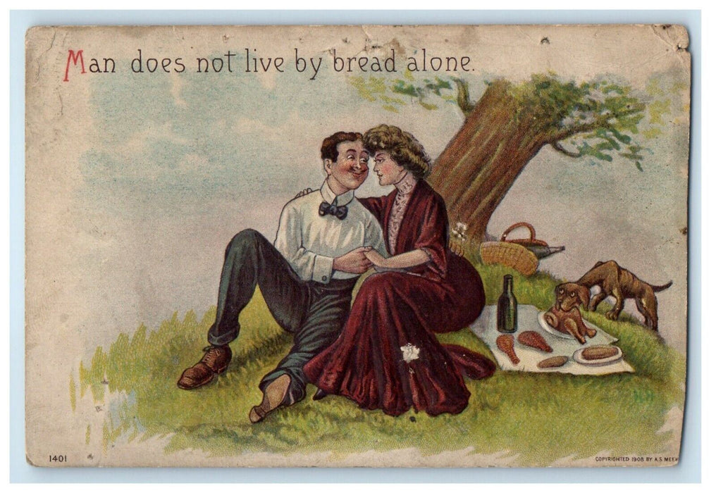 c1910's Couple Picnic Dog Bite Roast Chicken Wine Embossed Antique Postcard