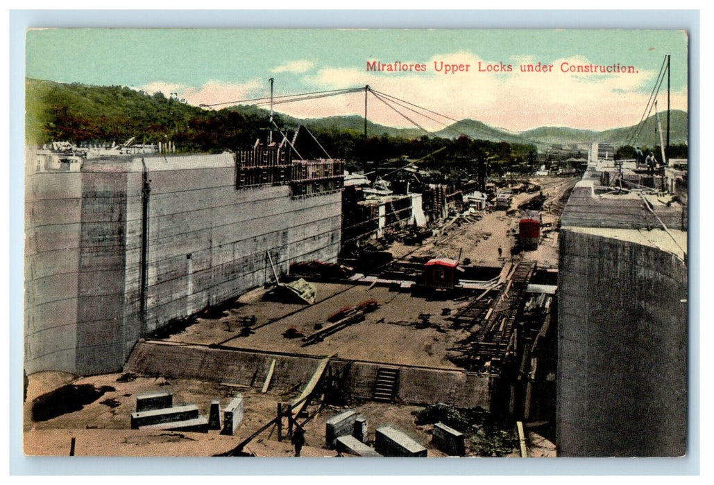 c1910 Miraflores Upper Locks Under Construction Panama Canal Antique Postcard