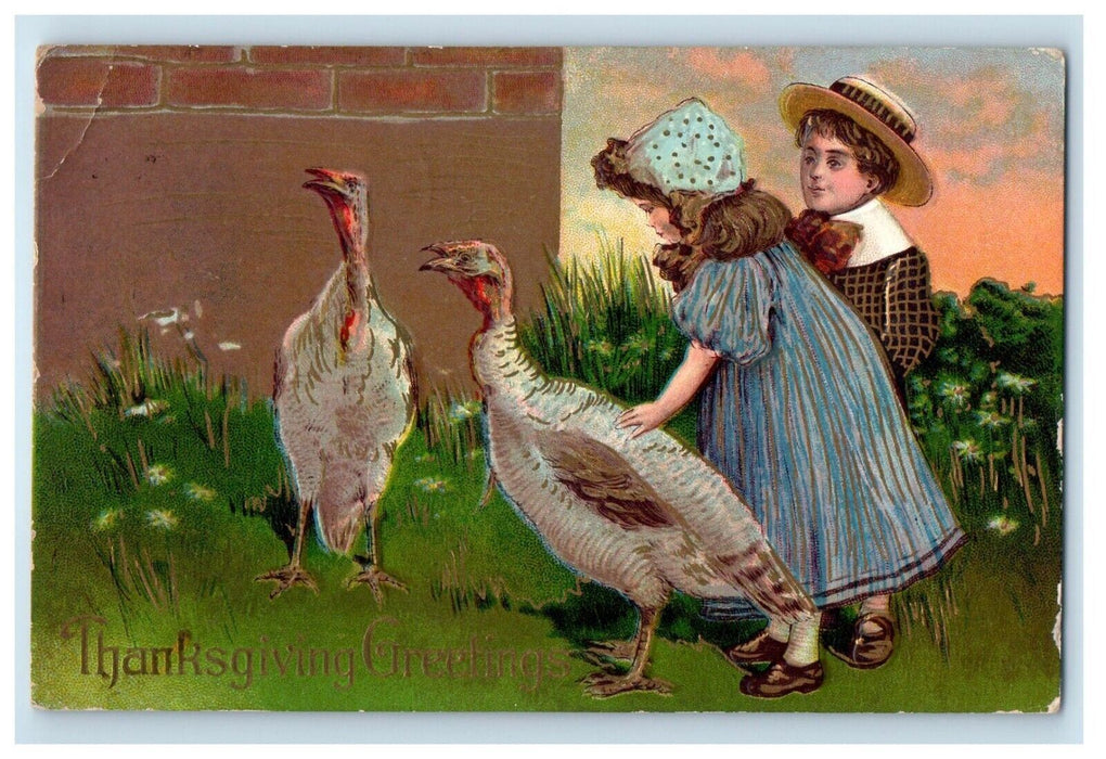 c1910's Thanksgiving Greetings Girl Boy And Two Turkeys Embossed Postcard