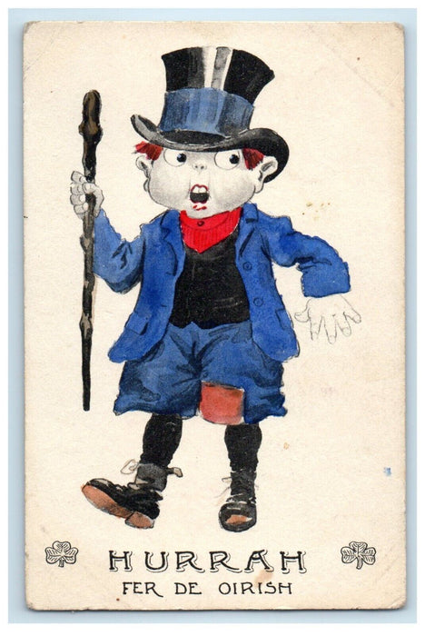 c1910's Boy Blue Coat Hat Hand Printed Leprechaun Irish Hurrah Antique Postcard