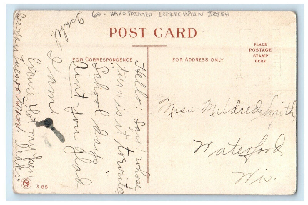 c1910's Boy Blue Coat Hat Hand Printed Leprechaun Irish Hurrah Antique Postcard