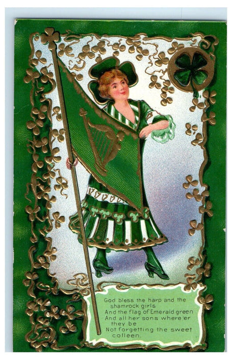 c1910's St. Patrick's Day Shamrocks Girl Dress Flag Embossed Antique Postcard