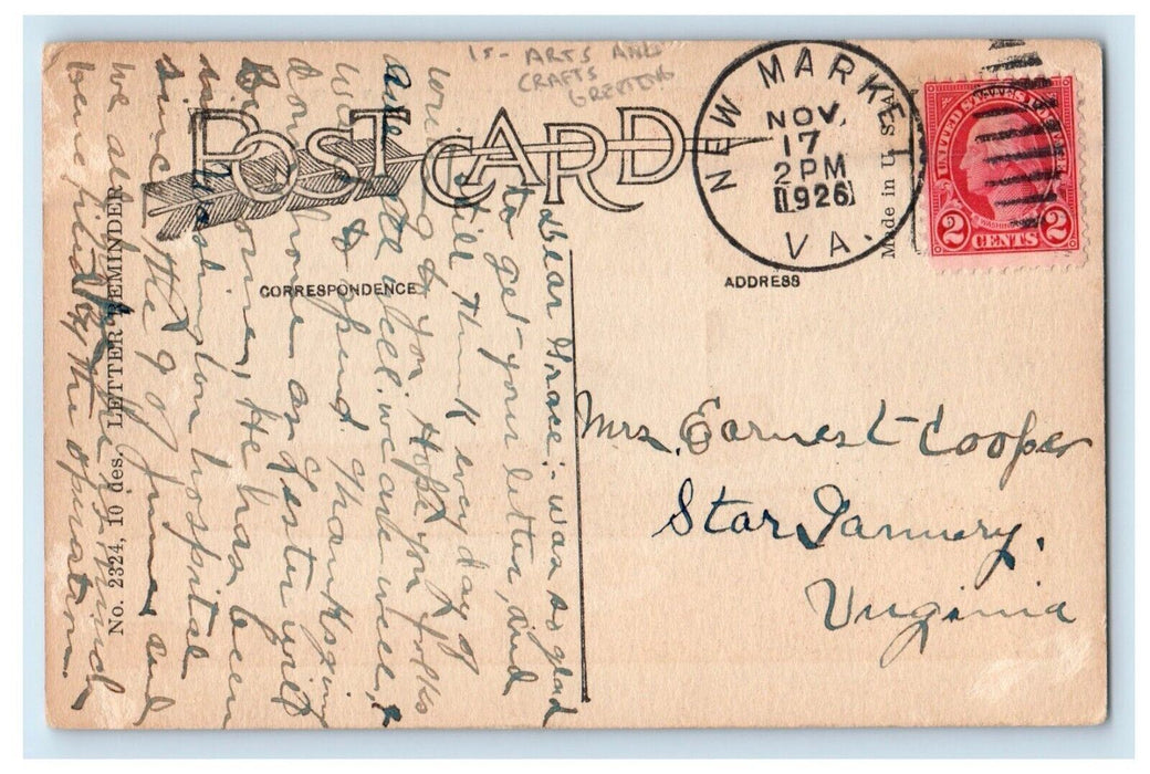 1926 Greetings Arts And Craft Apology Letter New Market Virginia VA Postcard