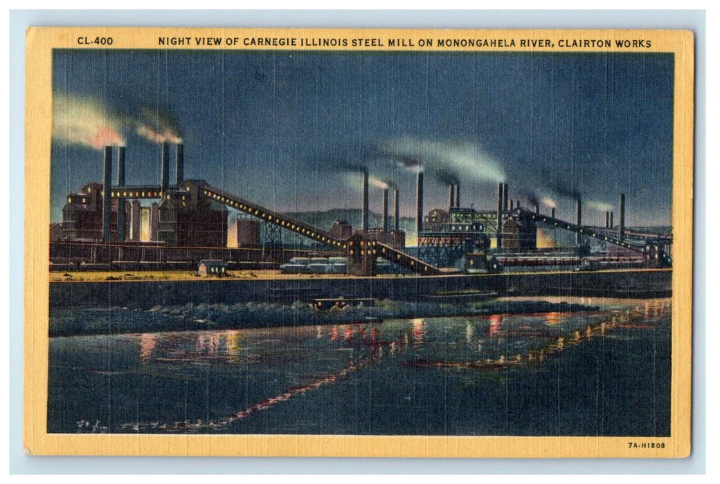 c1920s Night View of Carnegie Illinois Steel on Monongahela River, IL Postcard