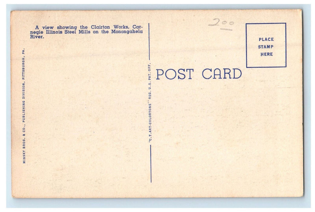 c1920s Night View of Carnegie Illinois Steel on Monongahela River, IL Postcard