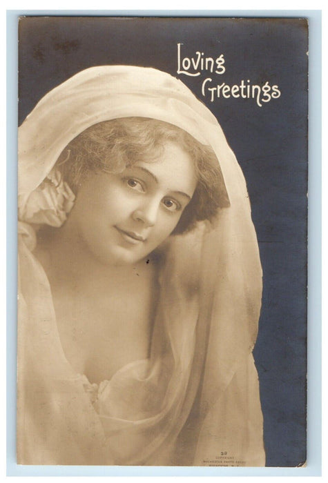 c1910's Loving Greetings Pretty Girl Curly Hair Studio Portrait Antique Postcard