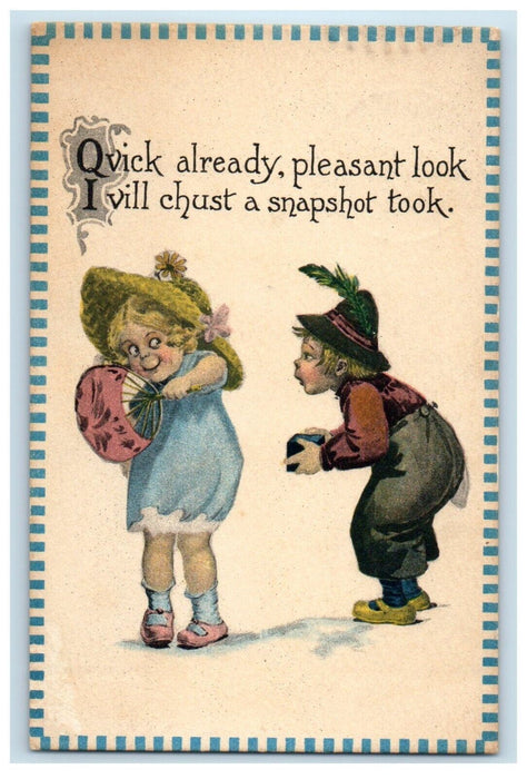 c1910's Boy Surprise Present Gift Girl Big Hat Fan Harpers Ferry VA Postcard