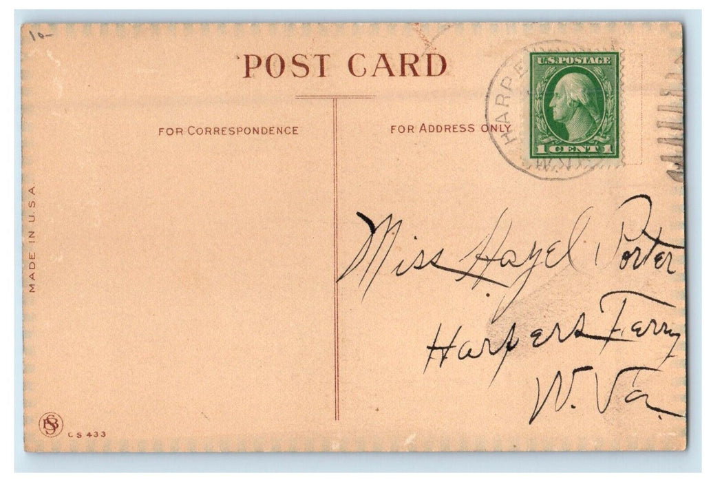 c1910's Boy Surprise Present Gift Girl Big Hat Fan Harpers Ferry VA Postcard