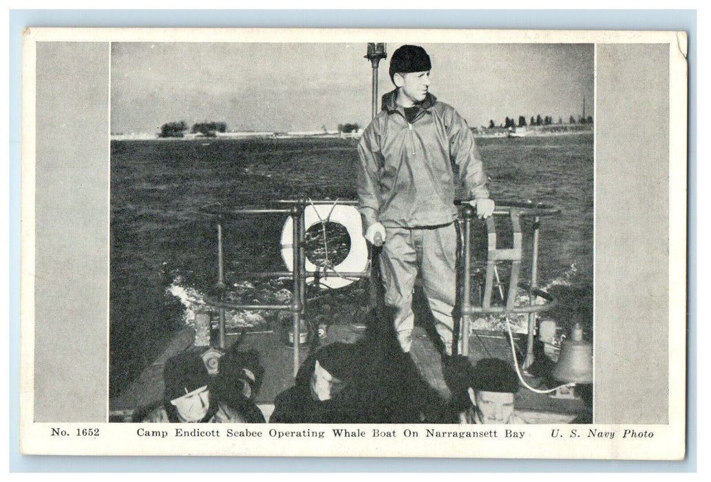 c1940s Camp Endicott Scabee Operating Whale Boat on Narragansett Bay RI Postcard