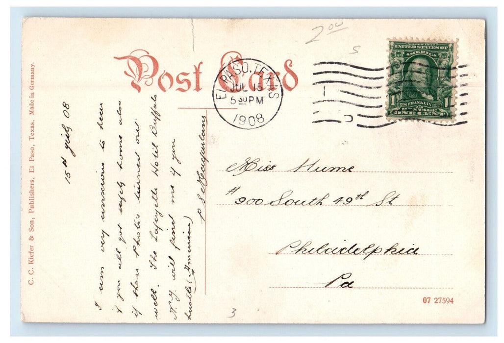 1908 Elks Club Building El Paso Texas TX Posted Antique Postcard