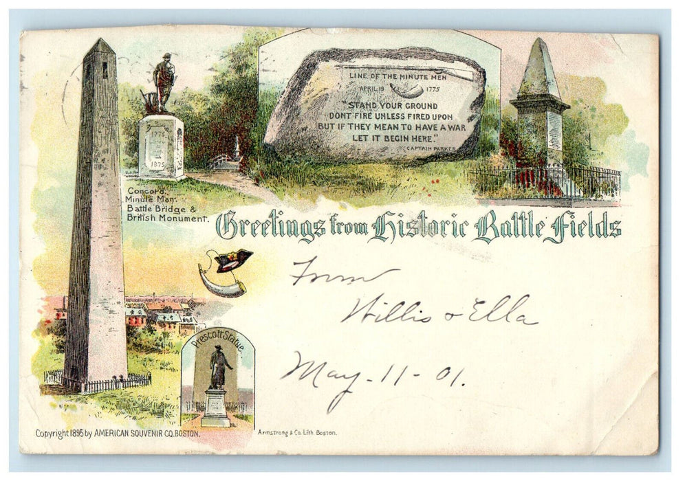 1901 Greetings from Historic Battle Fields Boston MA West Troy NY Postcard