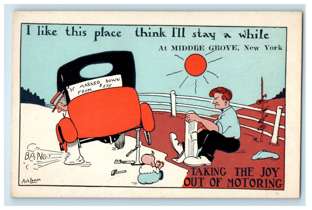 c1910 Repairing Car Wheel at Middle Grove New York NY Comic Postcard