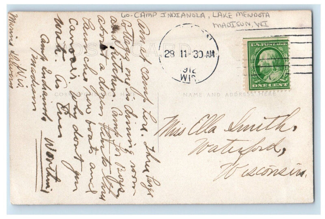 1912 Camp Indianola Lake Mendota Madison Wisconsin WI RPPC Photo Posted Postcard
