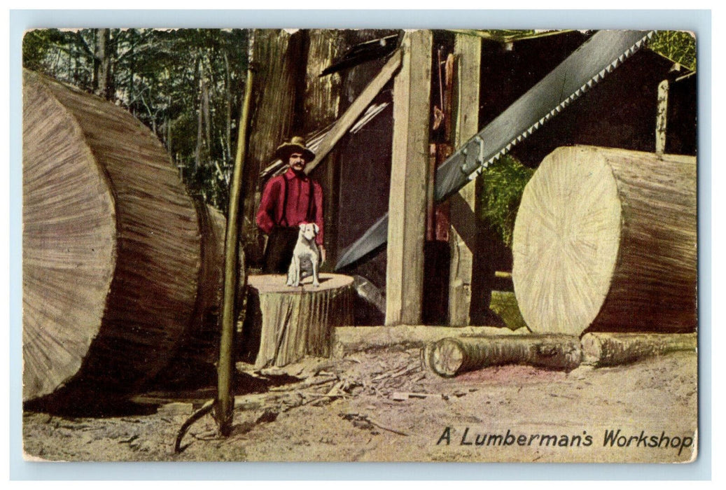 c1940s A Lumberman's Workshop Dog Lumberjack Saw Herman Postcard Co Postcard