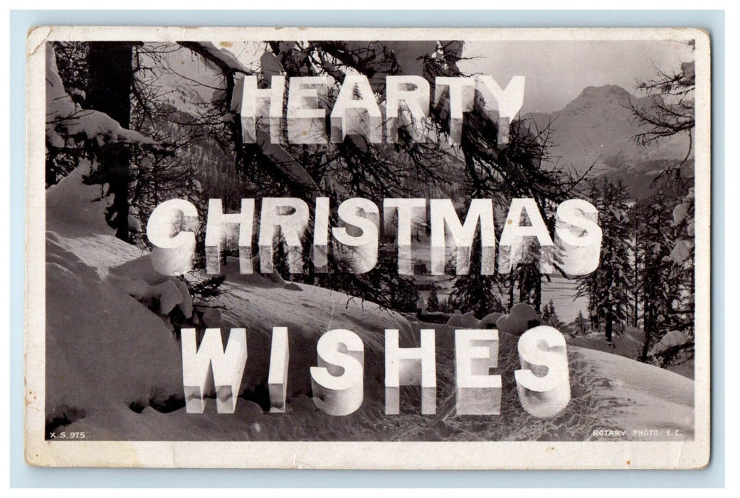 c1910's Christmas Wishes Winter Snow  RPPC Photo Large Letters Antique Postcard