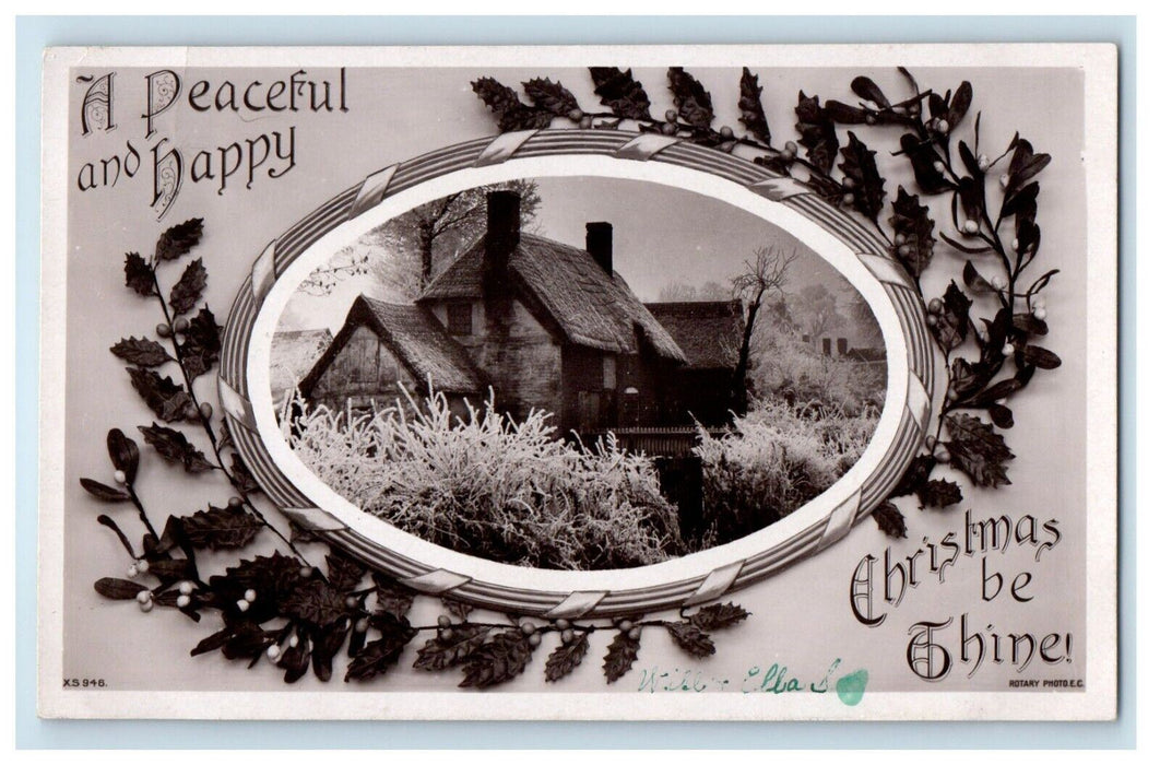 1910 A Peaceful Christmas Hut Holly Berries RPPC Photo Antique Postcard