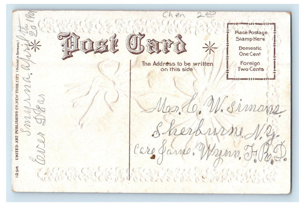 1901 Daisy Flower with Ribbon, Smyrna NY Is Daisy Town Embossed Postcard