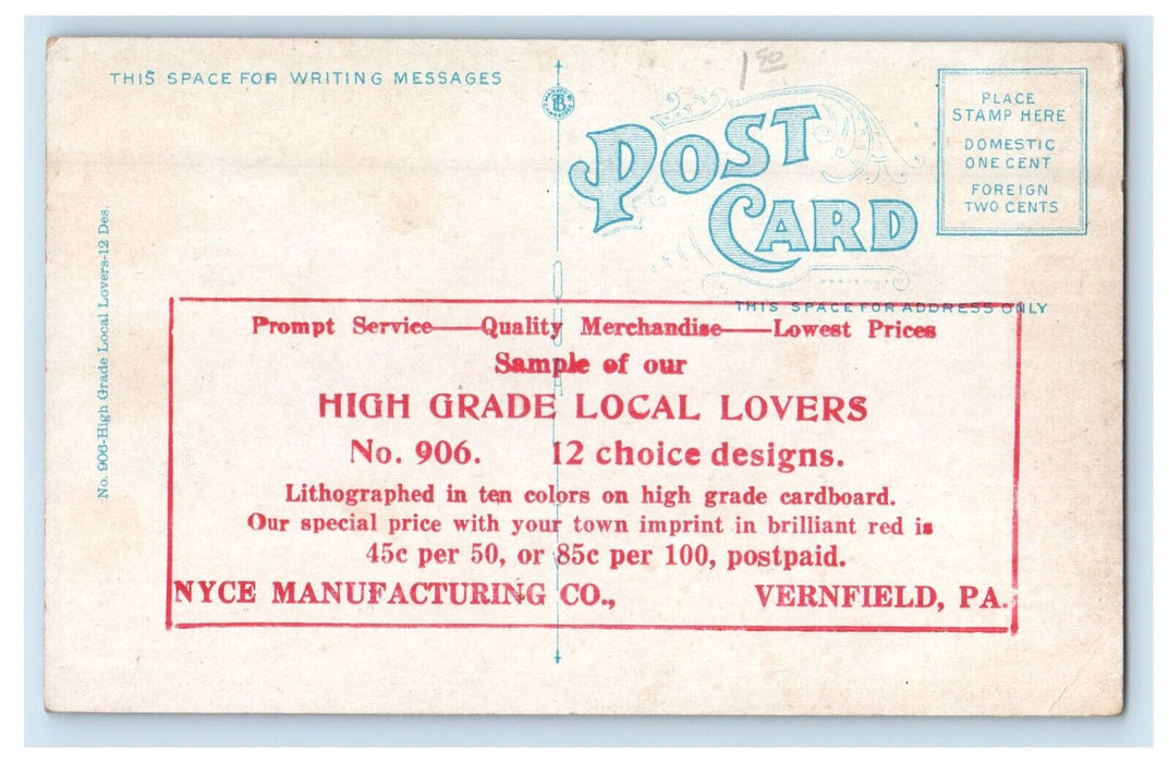 c1910 Nyce Manufacturing Co. Vernfield Pennsylvania PA Advertising Postcard