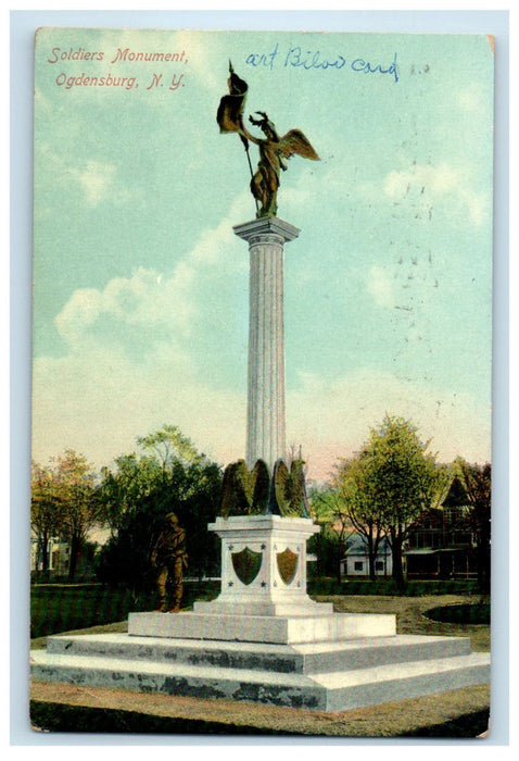 1909 Soldiers Monument Ogdensburg New York NY Posted Antique Postcard