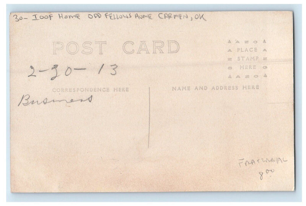c1910's Ioof Home Odd Fellows Home Carmen Oklahoma OK RPPC Photo Postcard