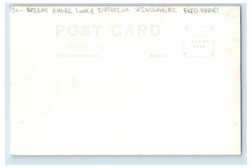 c1940's Bright Angel Lodge Interior Winslow AZ, Fred Harvey RPPC Photo  Postcard