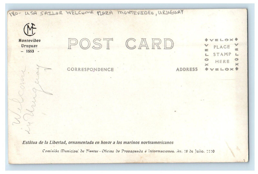 c1910's USA Sailor Welcome Plaza Montevideo Uruguay RPPC Photo Antique Postcard