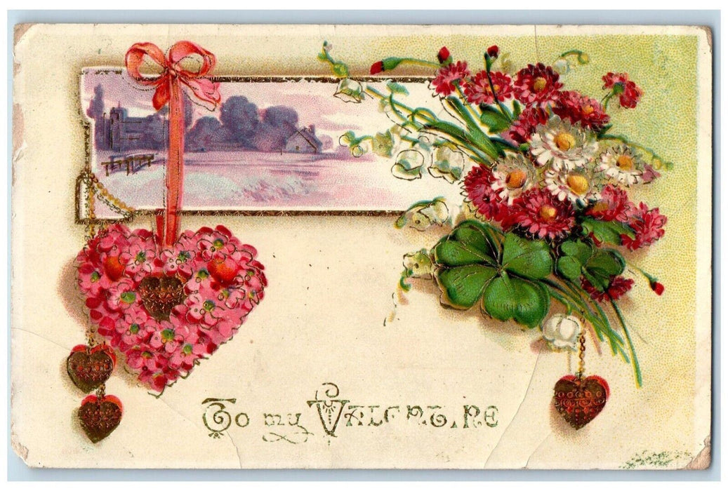1913 Valentine Hanging Heart Flowers Winter Snow Gel Gold Gilt Antique Postcard