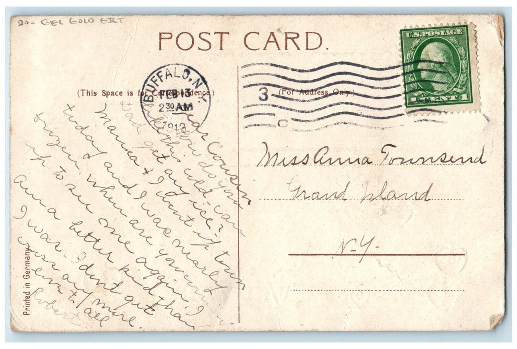 1913 Valentine Hanging Heart Flowers Winter Snow Gel Gold Gilt Antique Postcard