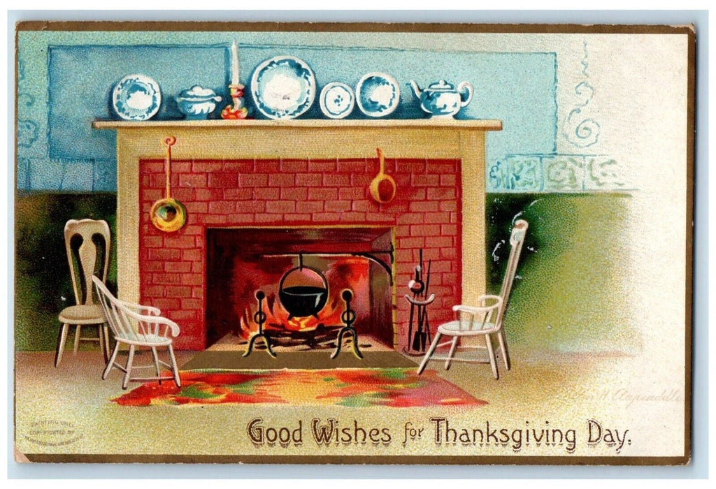 1907 Thanksgiving Day Fireplace Clapsaddle (?) Embossed Posted Antique Postcard