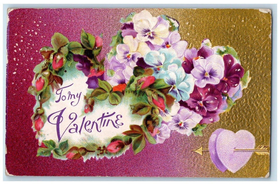 1910 Valentine Hearts Pansies Flowers Arrow Embossed Posted Antique Postcard