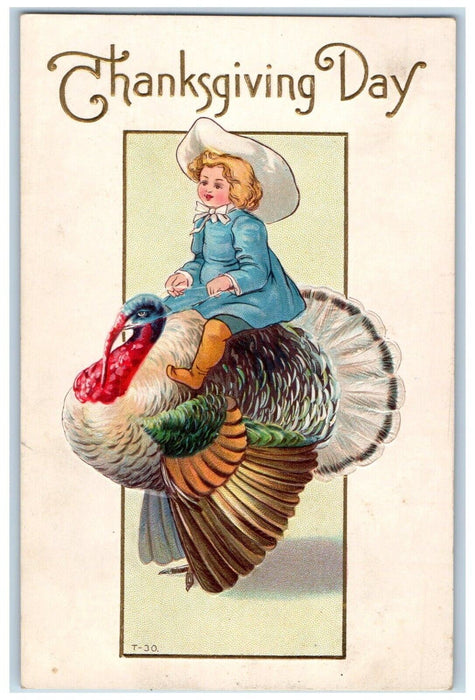 1914 Thanksgiving Day Little Girl Riding Turkey Embossed Antique Postcard