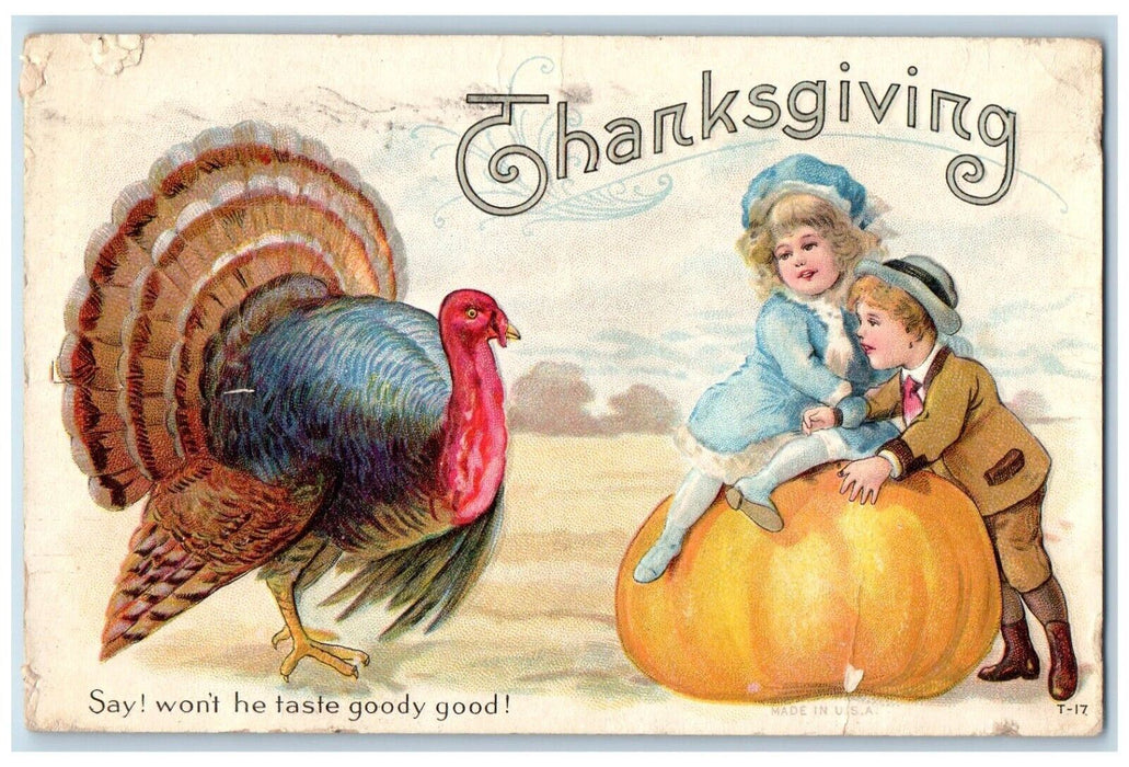 1915 Thanksgiving Turkey Boy And Girl Sitting Pumpkin Embossed Antique Postcard