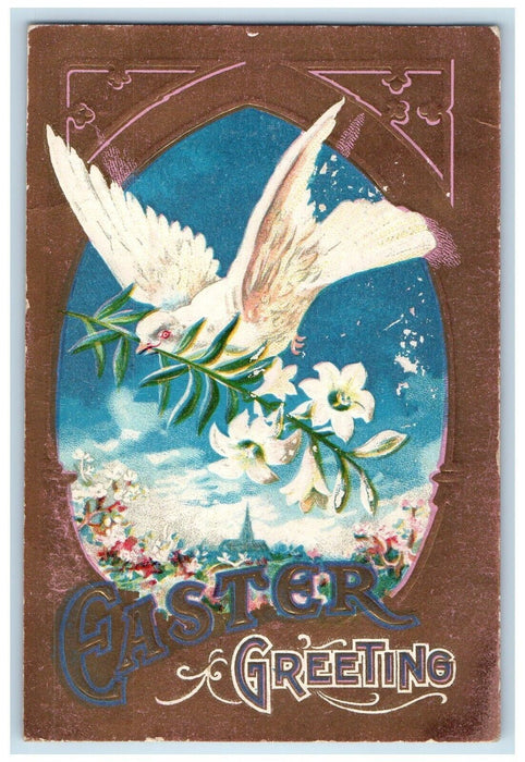 1909 Easter Greetings Dove Bird Flowers Embossed Buffalo New York NY Postcard