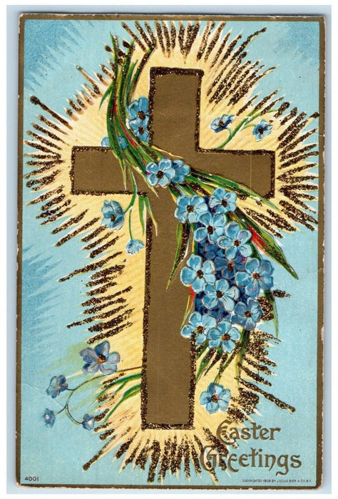 c1910's Easter Greetings Gold Cross And Pansies Flowers Embossed Postcard