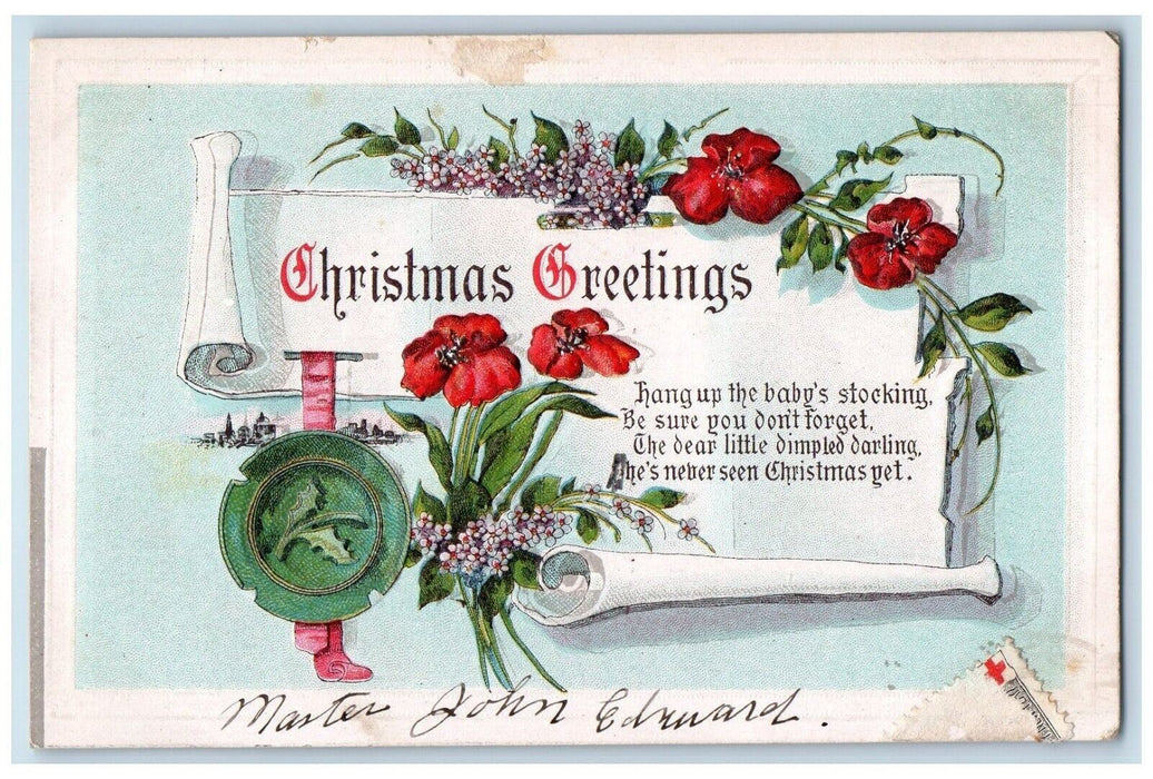 Christmas Greetings Scroll Seal Flowers Winsch Back Embossed Antique Postcard