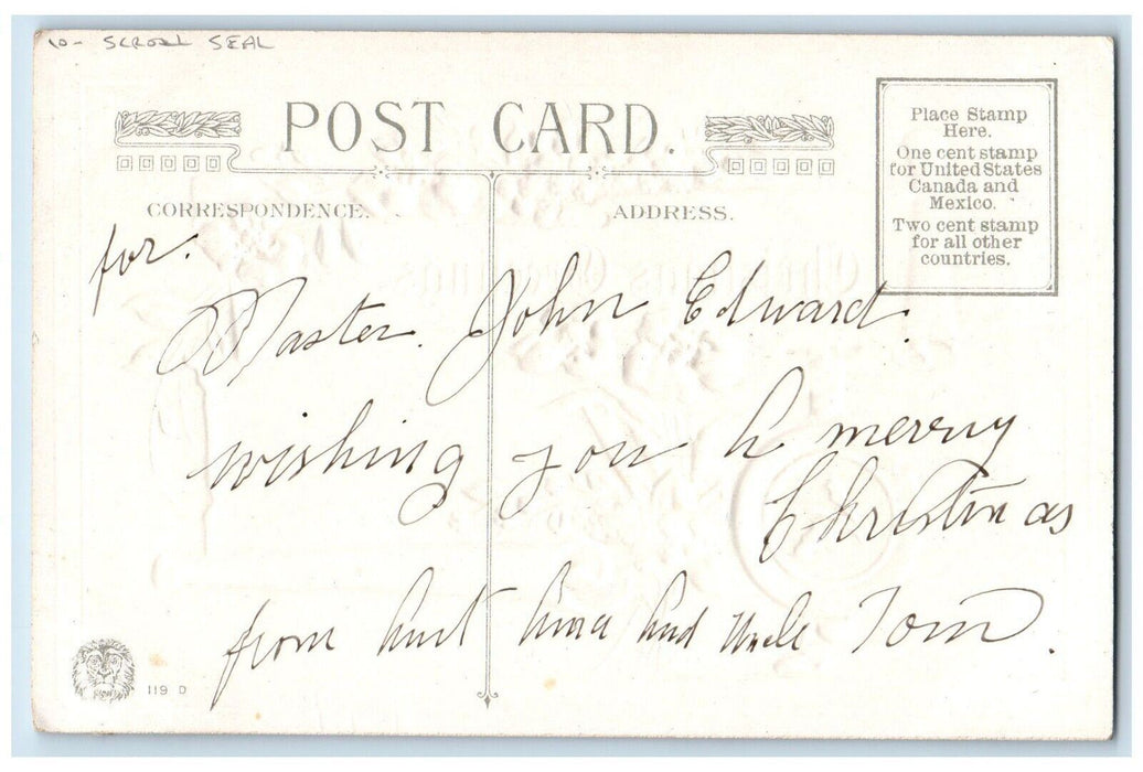 Christmas Greetings Scroll Seal Flowers Winsch Back Embossed Antique Postcard