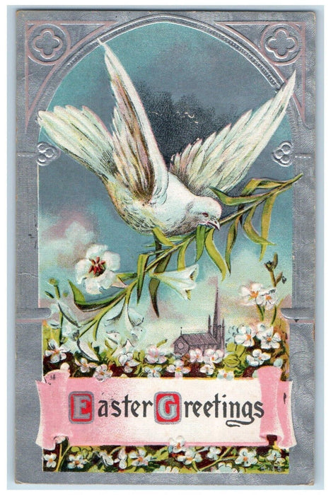 1910 Easter Greetings Dove Bird Delivering Flowers Grand Island NY Postcard