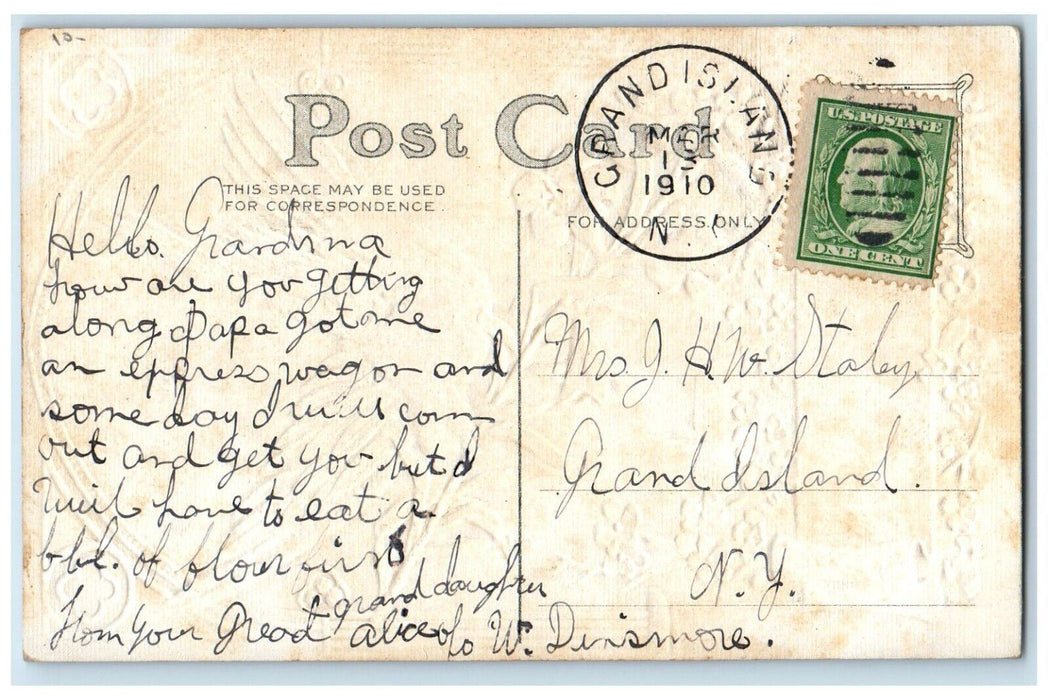 1910 Easter Greetings Dove Bird Delivering Flowers Grand Island NY Postcard