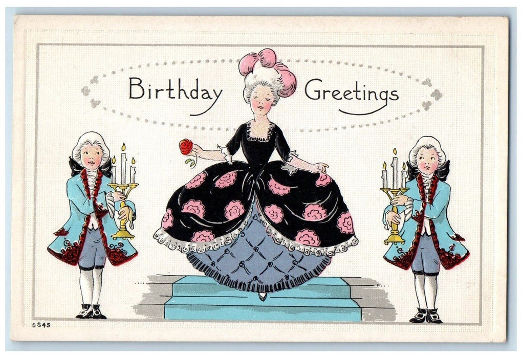 c1910's Birthday Greetings Colonial Two Boys Holding Candles Embossed Postcard
