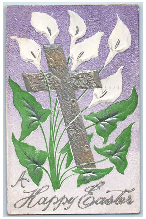 1913 Happy Easter Silver Cross And White Flowers Embossed Antique Postcard