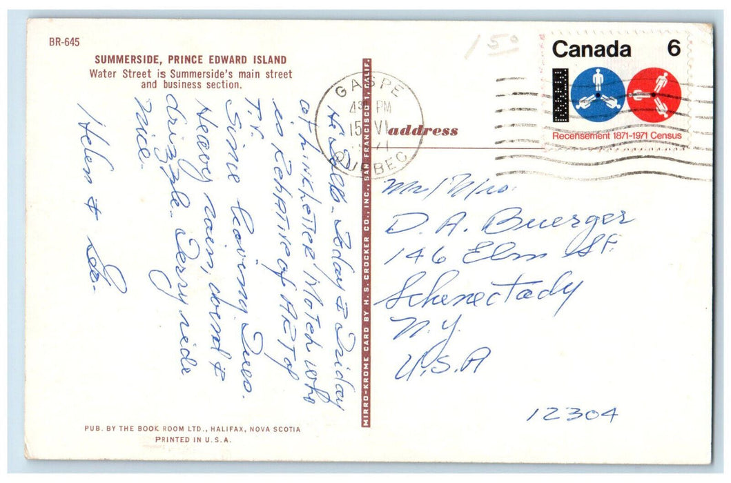 1971 Main St. and Business Section Summerside PEI Gaspe Quebec Postcard