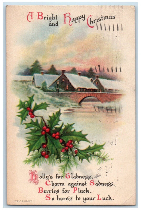 1921 A Happy Christmas Holly Berries Winter Snow Wolf Posted Vintage Postcard