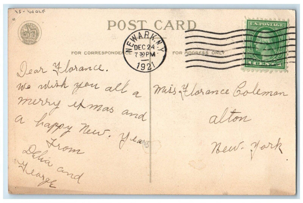 1921 A Happy Christmas Holly Berries Winter Snow Wolf Posted Vintage Postcard